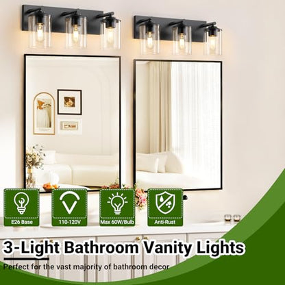 3-Light Bathroom Light Fixtures, Matte Black Bathroom Vanity Lighting Over Mirror with Clear Glass Shades, Modern Vanity Lights for Bath Wall Sconces Lamp for Powder Room, Bedroom, Hallway - size: 3-Light