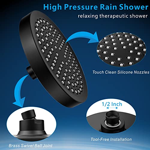 High Pressure Rain Shower Head with Arm - High Flow Rainfall Showerhead - Luxury Modern Look - Pressure Boosting (6" Shower Head with 6" Arm, Matte Black) - color: Midnight Black Matte