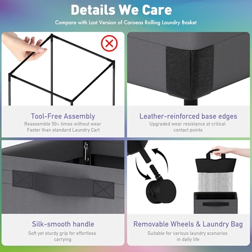 Caroeas Next-Gen 105L Matel Frame Laundry Basket with wheels, Heavy Duty Tall Rolling Laundry Hamper with Removable Wash Bag, Collapsible Freestanding Clothes Hamper For Laundry Room (100L,Grey,1Pack) - color: Grey