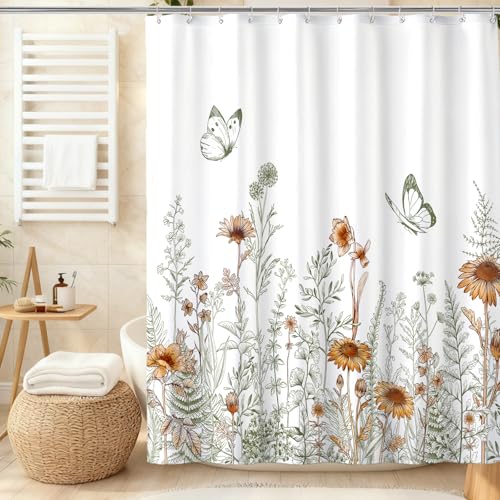 Vintage Flower Shower Curtain, Boho Floral with Botanical Shower Curtains for Bathroom, Flower Butterfly Green Waterproof Polyester Fabric Shower Curtain Set with Hooks, 72 x 72 inches - color: Green Brown