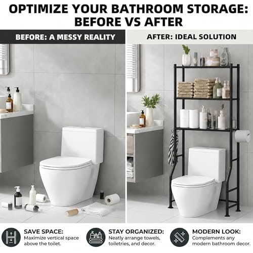 GloTika 3-Tier Over Toilet Storage, Anti-Tilt, 64" H, Black | Anti-Tilt Safety System, 150lb Capacity, Carbon Steel, Freestanding, No Drilling, Anti-Rust Coating, Paper Holder & 4 Hooks - color: Black, size: 3-Tier