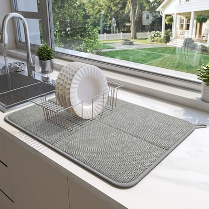 Dish Drying Mat for Kitchen Counter, Absorbent Dish Mat，Grey 16x18 | Ultra Absorbent & Fast Drying, Machine Washable Foldable Kitchen Drying Dry Pad for Countertops, Sinks, Draining Racks - size: 16" x 18"
