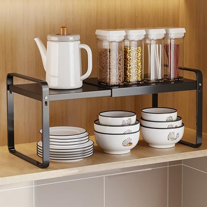 Expandable Cabinet Shelf, Lengths Adjustable Shelf Organizer Riser, Metal Space-Saving Cupboard Organizers for Kitchen Cabinet Pantry Cupboard Under Sink Countertop, Black - color: Black