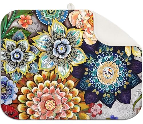 Spring Floral Dish Drying Mat for Counter, 18x24, Reversible Draining Pad | Absorbent microfiber catches drips, non-slip backing protects counters, foldable mat stores easily for dishes, cups and pans - color: Flower 03, size: 24" x 18"