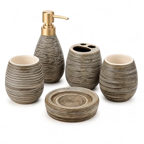 Bathroom Ceramic Accessories Set, 5 Piece Bathroom Set with Including Soap Dispenser, Mouthwash Cup, Soap Dish, Toothbrush Holder (Grey) - color: Grey