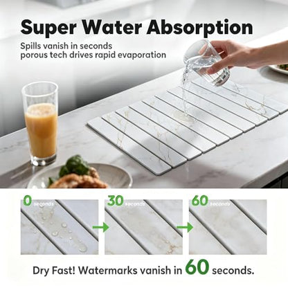 Stone Drying Mat for Kitchen Counter, Quick Diatomaceous Earth Mats for Dishes, 24"L x 16" W Super Absorbent Fast-Drying Collapsible Countertop Stone Mat (Marble Gold White, 24" x 16") - color: Marble Gold White