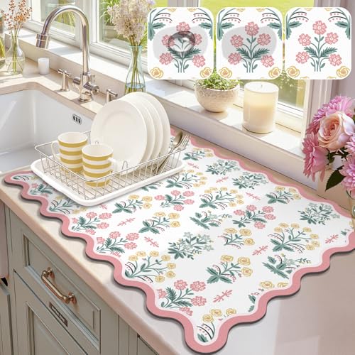 LOKHOM Scalloped Floral Dish Drying Mat, 18"x24" Coffee Mat Pink Pastoral | Unique Floral, Super Absorbent, Cuttable, Hide Stain, Non-slip Drying Mat, For Kitchen Counter Coffee Maker Espresso Machine - color: Pink Floral, size: 18" x 24"