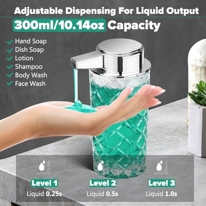 Automatic Soap Dispenser Liquid for Kitchen: 11 OZ Glass Touchless Clear Auto Soap Dispenser for Bathroom - Hand Dish Lotion Home Countertop Kids - Family Couple - color: Diamond Style Liquid