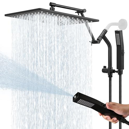 All Metal 12 Inch Rain Shower Head with Handheld Built-in Power Wash Mode, High Pressure Waterfall Rainfall Square Shower Heads with 16" Adjustable Extension Arm, Dual Showerhead, Matte Black - color: Matte Black, size: 12 Inch
