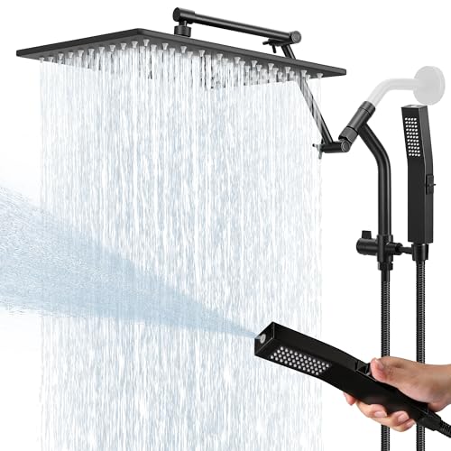 All Metal 12 Inch Rain Shower Head with Handheld Built-in Power Wash Mode, High Pressure Waterfall Rainfall Square Shower Heads with 16" Adjustable Extension Arm, Dual Showerhead, Matte Black - color: Matte Black, size: 12 Inch