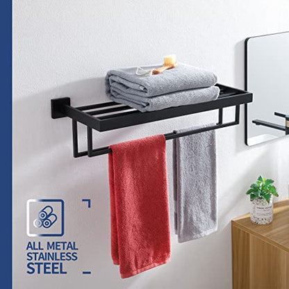 KOKOSIRI Matte Black Towel Rack 24'' Bathroom Towel Shelf with Double Towel Bars SUS304 Stainless Steel Wall Mounted, B6003BK - color: Matte Black, size: 24-Inch