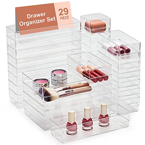 SMARTAKE 29 PCS Drawer Organizer, 4-Size Desk Bathroom Drawer Organizer | 4-Size Storage Tray with Non-Slip Silicone Pads for Makeup, Jewelries, Utensils in Bedroom Dresser, Office and Kitchen Clear - size: X Large