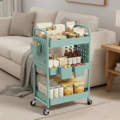 Rolling Cart, Movable Utility Organizer with Retractable Dividers & Pegboards for Kitchen, Bathroom, Office - color: Green