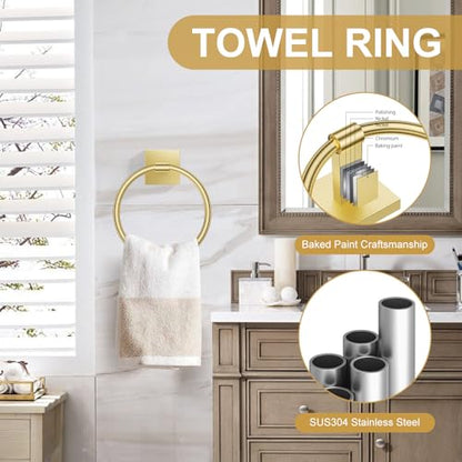 Brushed Gold Bathroom Hardware Towel Bar Set, 5 Pieces Double Dase Toilet Paper Holder Towel Holder Set, 23.6 Inch Stainless Steel Towel Rack for Bathroom Wall Mount - color: Brushed Gold, size: 5pieces B