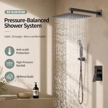SR SUN RISE ORB Square Rainfall Shower Head and Handle Set, Wall Mounted Shower Fixtures, Metal Shower Faucet Trim Repair Kits (With Shower Valve) 10 Inches - color: Oil Rubbed Bronze, size: 10 Inch