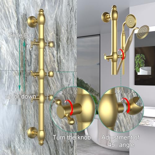 Brass Shower Slide Bar with Handheld Shower Head, Adjustable Height Wall-mounted Retro Hand Shower Head Holder with 59 inch Hose for Bathroom, Brushed Gold - color: Brushed Gold