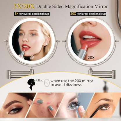 FUNTOUCH 5000mAh Rechargeable Wall Mounted Makeup Mirror with Lights 3X/20X | Double Sided Magnifying,3 Color Lights,Touch Dimmable, Extended Arm 360 Rotation Lighted Bathroom Mirror with Magnification - color: Nickel