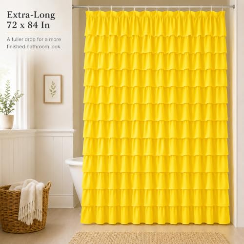 Yellow Shower Curtain for Bathroom, 72 x 84, Soft Ruffled Edge Detailing | Cascading Waterfall Ruffle Design, 72x84 inch, 7ft, 12 Hook Included, Machine Washable, Elegant Understated Farmhouse Style - color: Yellow, size: 72"W x 84"L (Pack of 1)