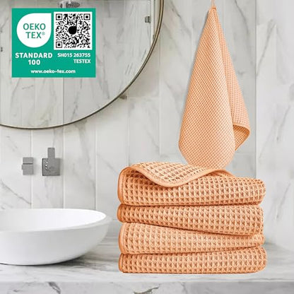 POLYTE 430 GSM Poly Blend Microfiber Quick Dry Waffle Hand Towel, 16x30 in | 4 Pack, Oversize, Lint Free, Quick Dry, Hanging Loop - color: Orange