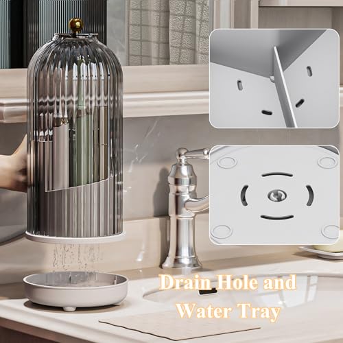 Drainable Toothbrush Toothpaste Holders with Cover, Grey White | Drainage Holes, Waterproof and Dustproof, 360° Rotating Base, Sliding Door, for Bathroom Counter - color: Grey White