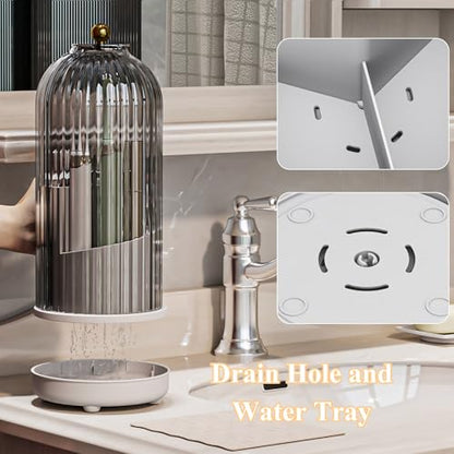 Drainable Toothbrush Toothpaste Holders with Cover, Grey White | Drainage Holes, Waterproof and Dustproof, 360° Rotating Base, Sliding Door, for Bathroom Counter - color: Grey White