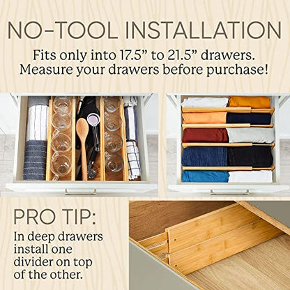 Expandable Bamboo Drawer Dividers – drawer separators for Clothes, Kitchen Utensils, Bathroom, and Dresser Drawers (17.5" to 21.5") - size: 17.5" - 21.5" (Large Size)