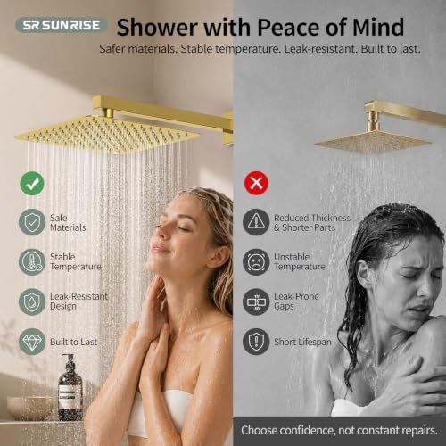 SR SUN RISE 12 Inches Bathroom Luxury Rain Mixer Shower Combo Set Wall Mounted Rainfall Shower Head System Brushed Nickel Finish Shower Faucet Rough-In (12 Inch, Brushed Gold) - color: Brushed Gold, size: 12 Inch