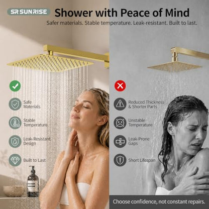 SR SUN RISE 12 Inches Bathroom Luxury Rain Mixer Shower Combo Set Wall Mounted Rainfall Shower Head System Brushed Nickel Finish Shower Faucet Rough-In (12 Inch, Brushed Gold) - color: Brushed Gold, size: 12 Inch