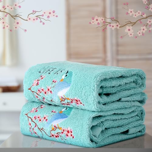 SmoothNovelty 2 Pcs Bird Hand Towels Mint Green Bathroom Decor 14x29 Inch Embroidered 100% Cotton Soft Absorbent Spring Summer Decorative Hand Towels for Bathroom Kitchen - style: Bird