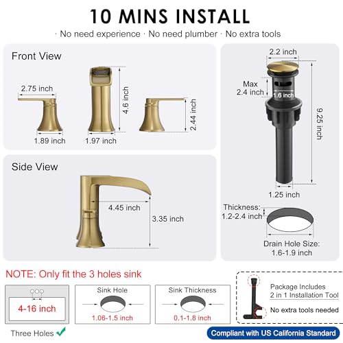 Brushed Gold Bathroom Faucet 3 Hole, 4-8 Inch Brass Widespread Waterfall Bathroom Sink Faucets with Pop Up Drain and cUPC Supply Line, 2 Handles for Vanity, Lavatory, Restroom, Apartment, Modern - color: Brushed Gold - Elegant