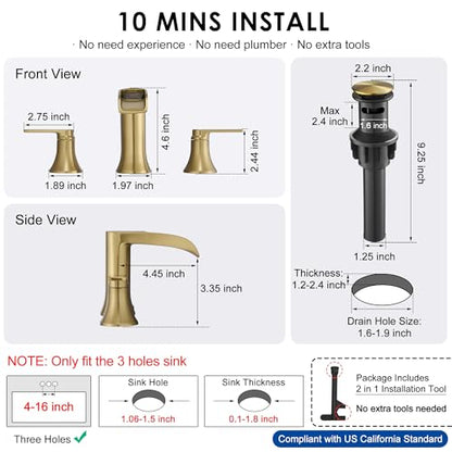 Brushed Gold Bathroom Faucet 3 Hole, 4-8 Inch Brass Widespread Waterfall Bathroom Sink Faucets with Pop Up Drain and cUPC Supply Line, 2 Handles for Vanity, Lavatory, Restroom, Apartment, Modern - color: Brushed Gold - Elegant