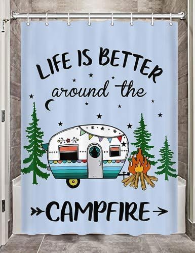 JAWO RV Shower Curtain, Happy Camper Shower Curtain for Travel Trailer, Farmhouse Camping Shower Curtain Hooks Included (47" W x 72" H), Aqua - color: Multi2, size: 47"W x 72"L (Pack of 1)