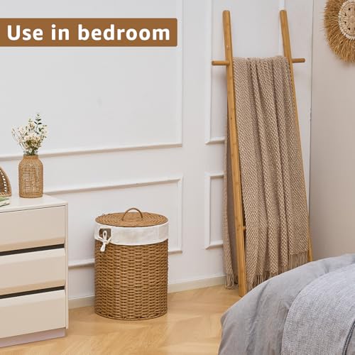 Round Wicker Laundry Hamper with Lid Handwoven Rattan Basket with Handles for Dirty Clothes, 2 Washable Liner Bags, No Assembly Required, Washable Basket, 40L - color: Rattan, size: 40L