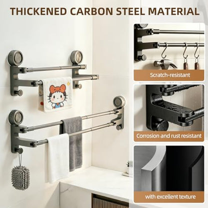 Adjustable Suction Cup Towel Bar, Grey, 20-34", 2-Tier | Extendable Carbon Steel Towel Racks, Space Saving, Bath Towel Holder with Hooks, No-Drill Mounted, For Bathroom Wall