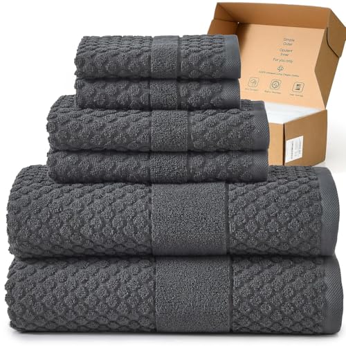 Simple&Opulence 6 Piece Luxury Towel Set, 100% Cotton Bathroom Towels with Hanging Loop (2 Bath Towels, 2 Hand Towels, 2 Washcloths) Stylish, Soft & Absorbent for Home, Hotel, Gym, Spa-Dark Grey - color: Dark Grey-6 Set