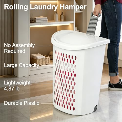 Laundry Basket with Wheels, Lid, and Handles for Easy Rolling, Dirty Clothes Organizer, White, 1 Pack