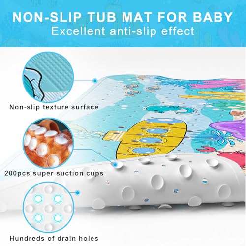 Upgrade Cartoon Baby Bath Mat Non Slip -40"x16" Extra Long Bathtub Mat for Baby Eco Friendly Durable Bath Mat for Tub Non Slip Kids Tub Mat with Suction Cups, Machine Washable and No Fading, Submarine - color: D-submarine
