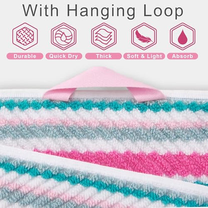 VOOVA & MOVAS Striped Towels 6 Pack, 100% Cotton, Pink Aqua | Bathroom & Guest Space, Available in 13x13, 16x27, 28x52 In, Quick Dry, Bath Towels with Hanging Loops, Absorbent - color: Pink + Aqua + Teal Striped, size: 6 PCS Bathroom Towels