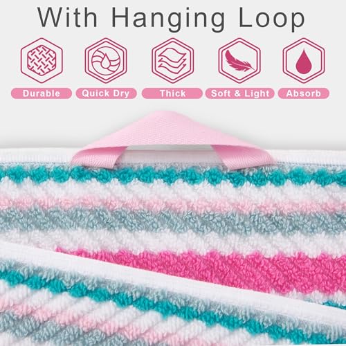VOOVA & MOVAS Striped Towels 6 Pack, 100% Cotton, Pink Aqua | Bathroom & Guest Space, Available in 13x13, 16x27, 28x52 In, Quick Dry, Bath Towels with Hanging Loops, Absorbent - color: Pink + Aqua + Teal Striped, size: 6 PCS Bathroom Towels