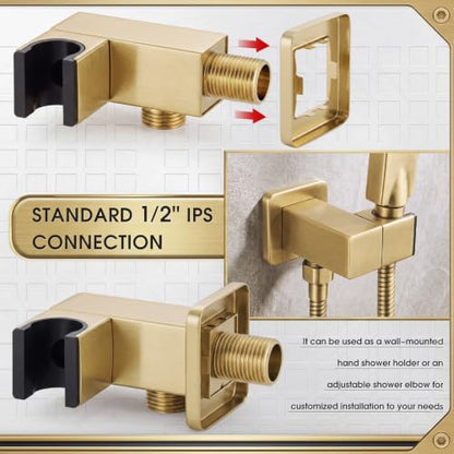 Shower Head Holder, Brass Handheld Showerhead Holder Bathroom Fixtures Wall Mounted Supply Elbow with Adjustable Shower Wand Bracket(Brushed Gold) - color: Brushed Gold