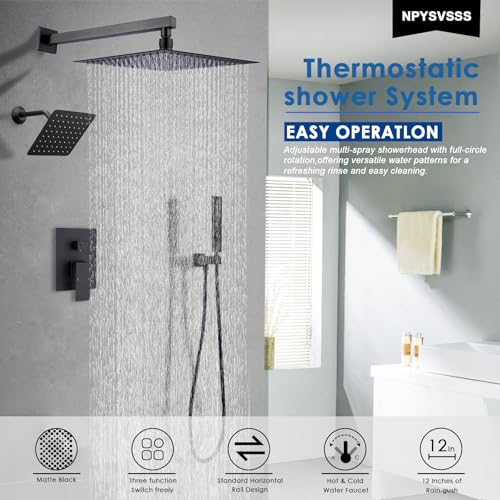 12" Shower Faucet Set Rain Shower System with 6" Wall Mounted Head Full Body Luxury Rain Shower System Rainfall Shower Head with Handheld Combo,3 Way Pressure Balance Valve Kit,Matte Black - color: Matte Black, style: HG-12inch+6inch