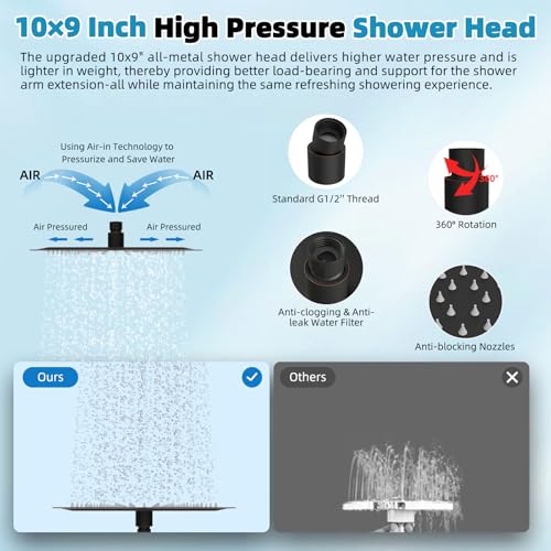 Hibbent 10'' Rainfall Shower Head with 4-Spray Handheld, Oil Rubbed Bronze | cUPC Certified High Pressure Showerhead Combo, 12'' Adjustable Extension Arm, Extension Bar, Easy Reach Holder, 71'' Hose - color: Oil Rubbed Bronze, style: Square 10''