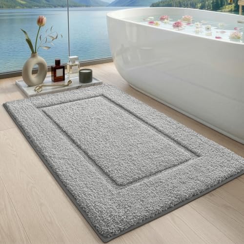DEXI Bath Mat 43x24, Absorbent and Non Slip Bathroom Rugs, Light Grey | Soft Plush Microfiber Bathmat, Machine Washable & Quick Dry, Rubber Back Rug for Shower, Tub, Sink - color: Light Grey, size: 43" X 24" (Rectangular)