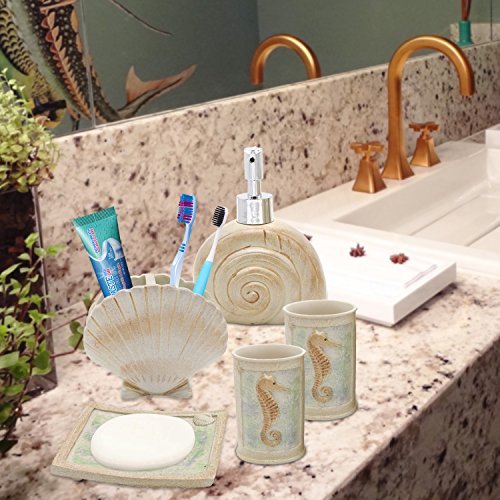 Bathroom Accessories Set, 5 PCS Bath Ensemble Set Includes Soap Dispenser, Soap Dish, Tumbler, Toothbrush Holder - Polyresin Glass for Home, Office, Superior Hotel - color: Beige