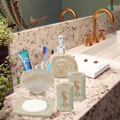 Bathroom Accessories Set, 5 PCS Bath Ensemble Set Includes Soap Dispenser, Soap Dish, Tumbler, Toothbrush Holder - Polyresin Glass for Home, Office, Superior Hotel - color: Beige