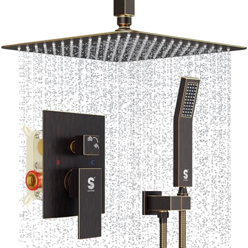 SR SUN RISE 12 Inch Oil Rubbed Bronze Shower System Brass Bathroom Luxury Rain Mixer Shower Combo Set Ceiling Mounted Rainfall Shower Head System Faucet Trim Repair Kits with Rough-In Valve and Trim - color: Oil Rubbed Bronze, style: 12 inch