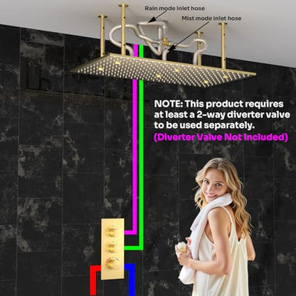 2 Modes Luxury High Pressure Rain Shower Head, 16"x32" Super Large Ceiling Full Body Shower Head with Silicone Nozzles Rectangle Mist Showerhead, Brushed Gold Finish - color: Brushed Gold, style: 2 Modes - Rainfall&Mist