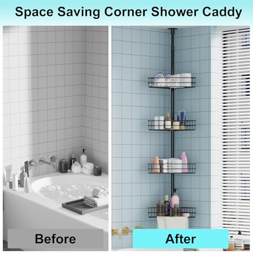 4-Tier Corner Shower Caddy Tension Pole, Adjust Bathroom Organizer Shelves | 76"-110" Adjustable Rustproof Bathroom Shelves, Shelves with Built-In Towel Bars, Space-Saving Design
