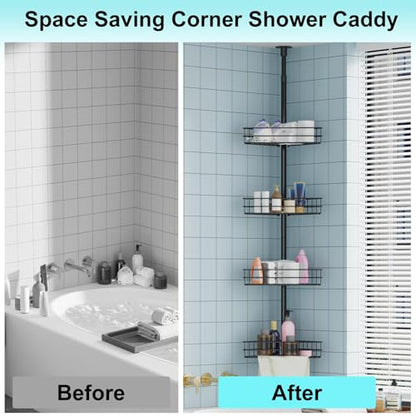 4-Tier Corner Shower Caddy Tension Pole, Adjust Bathroom Organizer Shelves | 76"-110" Adjustable Rustproof Bathroom Shelves, Shelves with Built-In Towel Bars, Space-Saving Design