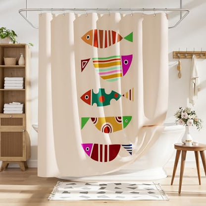AmazerBath Fish Shower Curtain, Geometric Shaped Fish Bathroom Shower Curtain with 12 Shower Curtain Hooks, Rustic Fabric Shower Curtain Set, 72x72 Inches - color: B- Geometric Shaped Fish+12 Metal Hooks, size: 72"W x 72"L (Pack of 1)